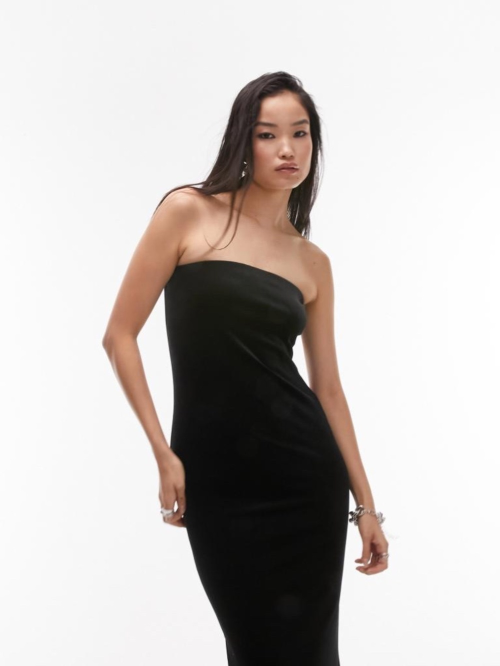 NWT Topshop Black Velvet Strapless Bandeau Midi Dress XS